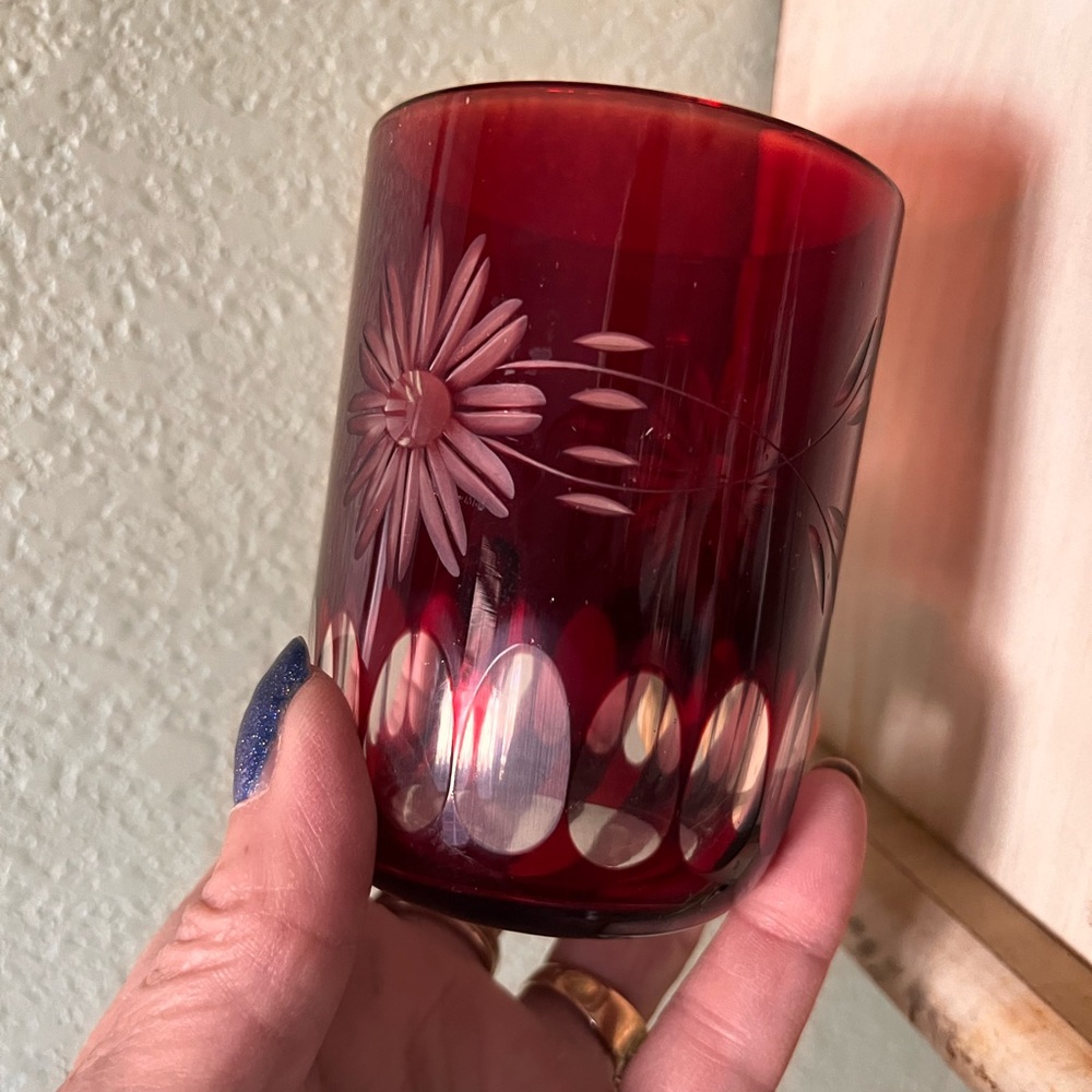 Vintage Bohemian Ruby Red Cut Daisy Tumbler Czech Hand Cut Crystal Glass